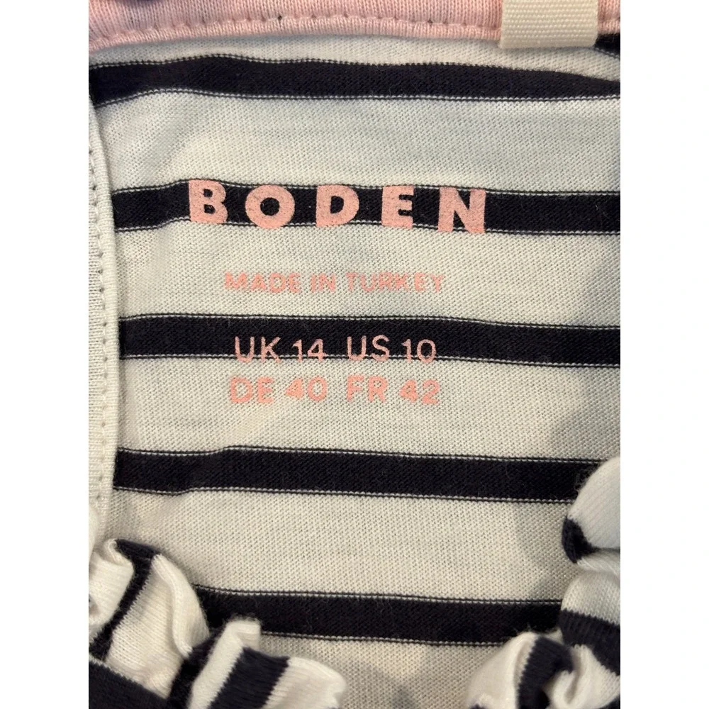 Boden Striped Ruffle Neck Long Sleeve Top Navy White US 10 Puff Shoulder